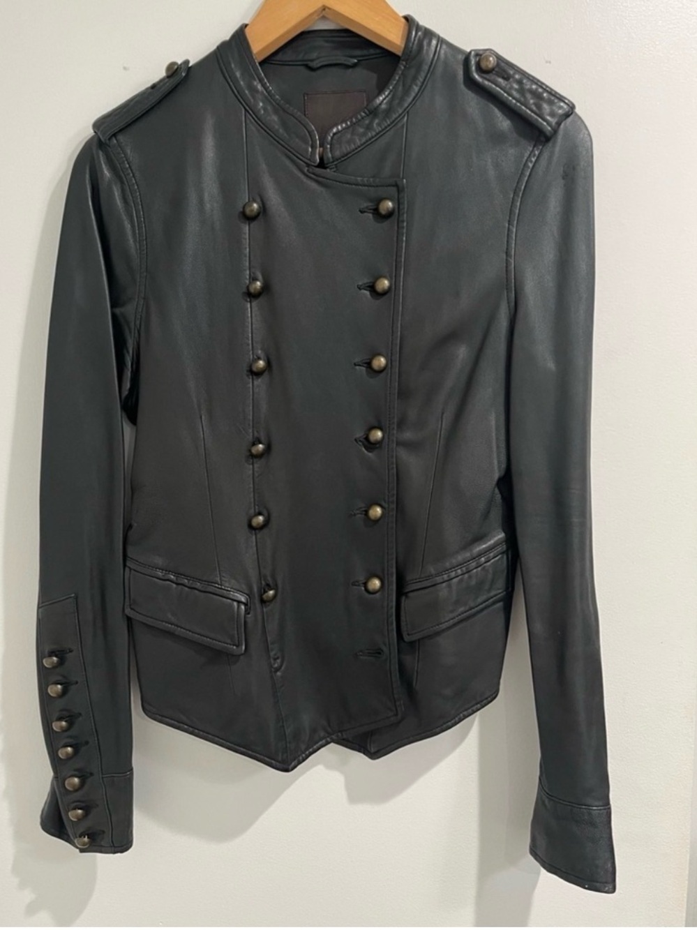 Joie Black Double-Breasted Military-Style Leather Jacket Size Medium
